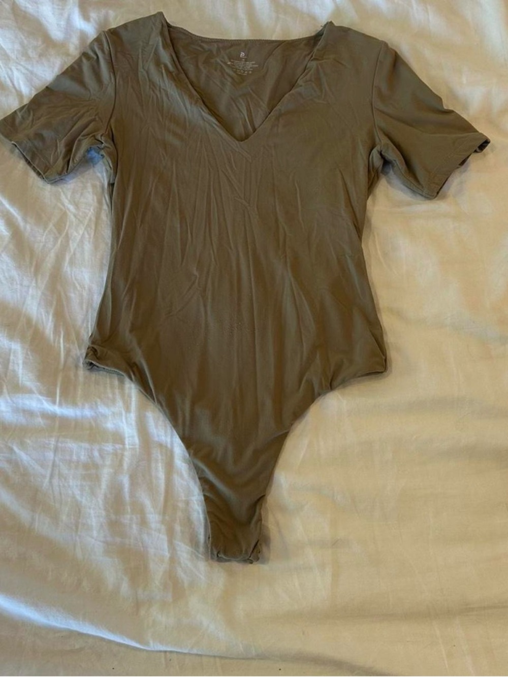 Basic V-Neck Short Sleeve One-Piece Bodysuit - Olive
